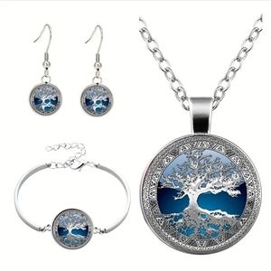 Retro Celtic Tree of Life Gem Necklace, Earrings & Bracelet Set